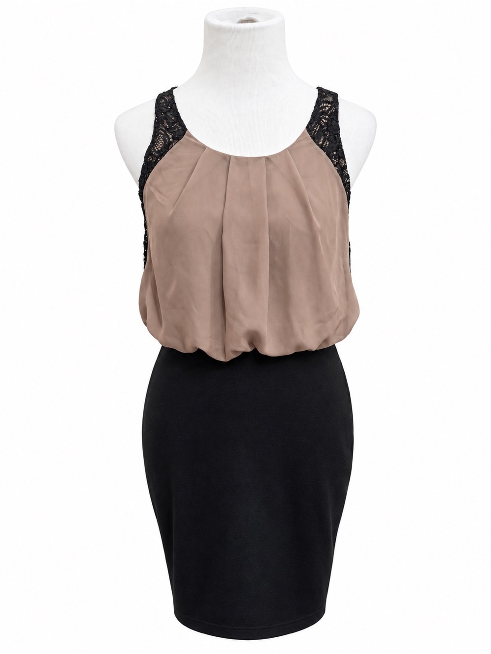 Soprano Taupe and Black Lace-Accent Mini Dress Medium